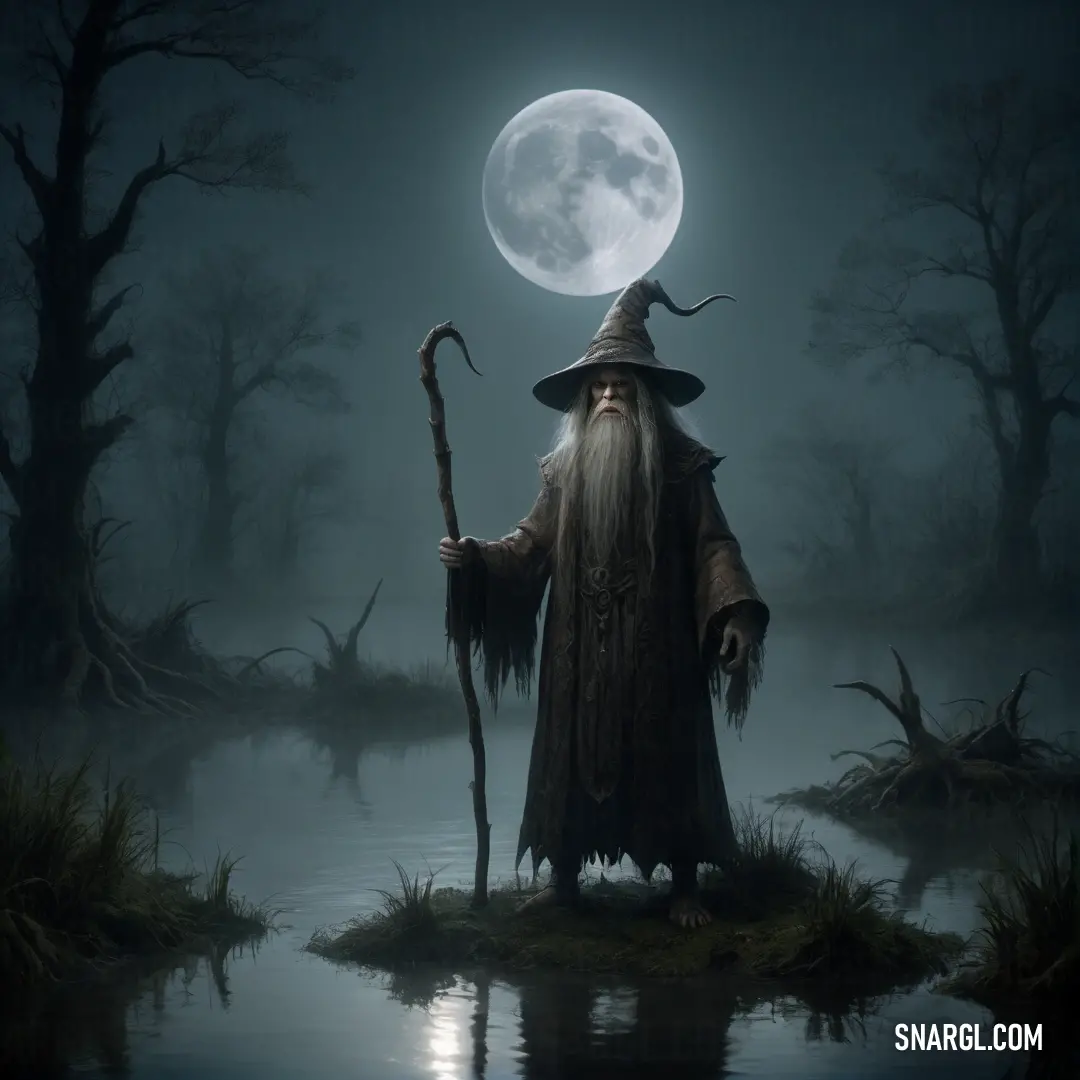 Wizard standing in the middle of a swamp with a staff and a full moon in the background