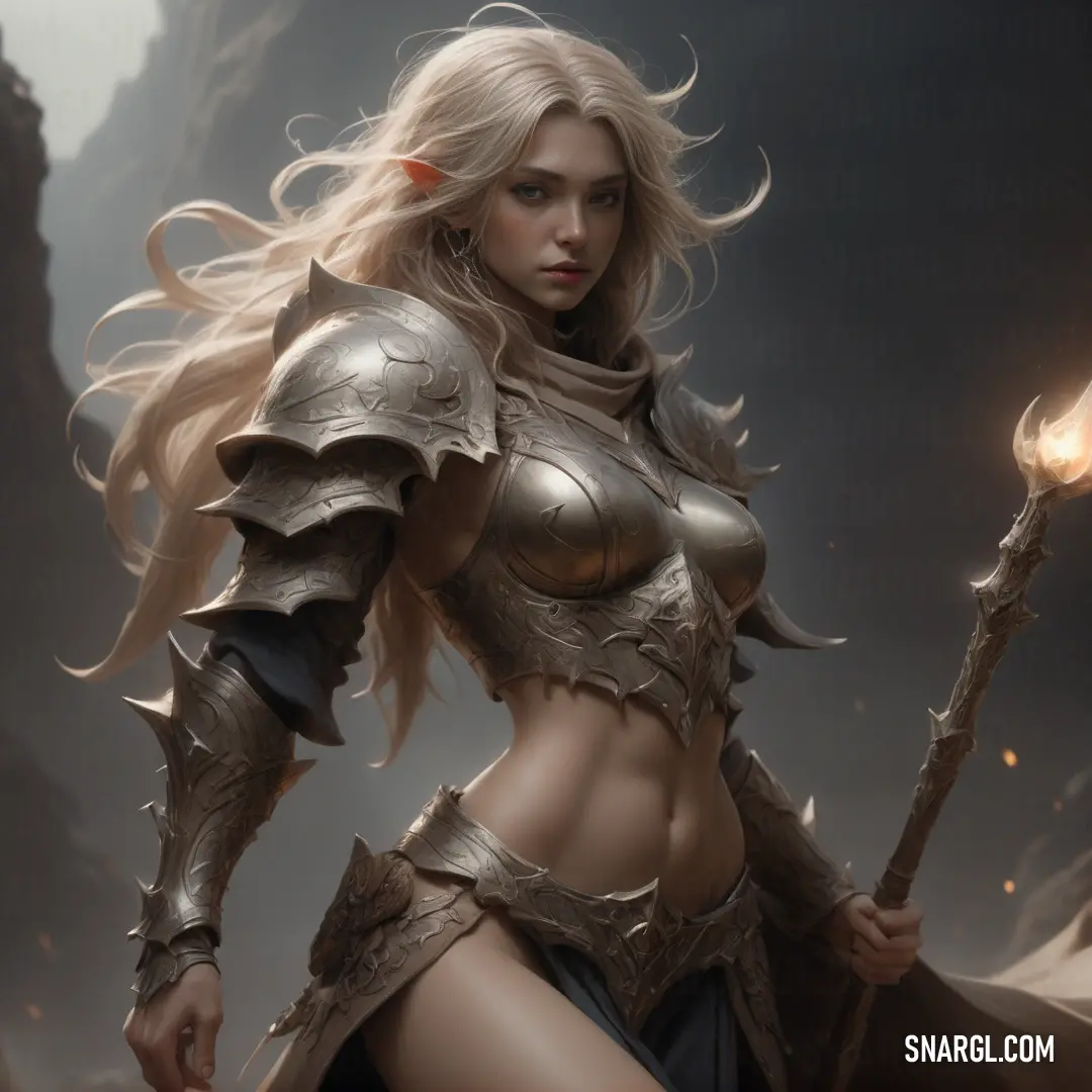 Enchanter in a armor holding a sword and a flame in her hand