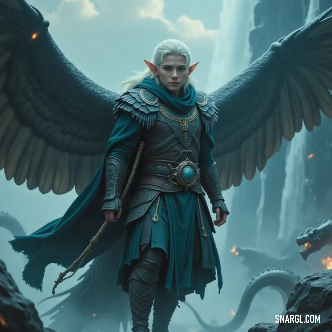 A majestic figure with ethereal wings strikes a pose in front of a colossal bird. The enchanting landscape, adorned with wisps of clouds and a vibrant sky, creates a fantastical backdrop for this stunning confrontation of grandeur.