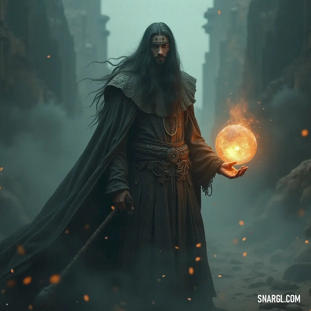 In a fog-laden alleyway, Enkidu, draped in a flowing robe, holds a brilliant orb that illuminates the darkness, transforming the scene into an enchanting moment of intrigue. Enkidu emerges from shadows, cloaked in a long robe, holding a glowing orb that casts an ethereal light in a fog-shrouded alleyway, creating a mystical and alluring atmosphere.