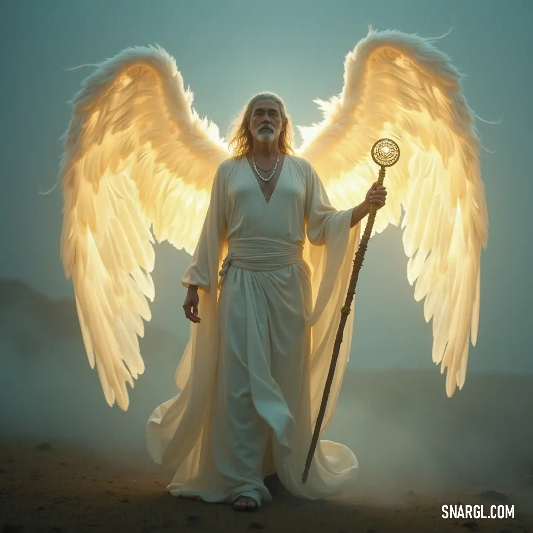 With wings spread wide, Enoch stands powerfully, holding a fiery staff, symbolizing strength and guidance. His angelic aura is enhanced by the dynamic swirling flames confined within his grip, illustrating a force to be reckoned with.