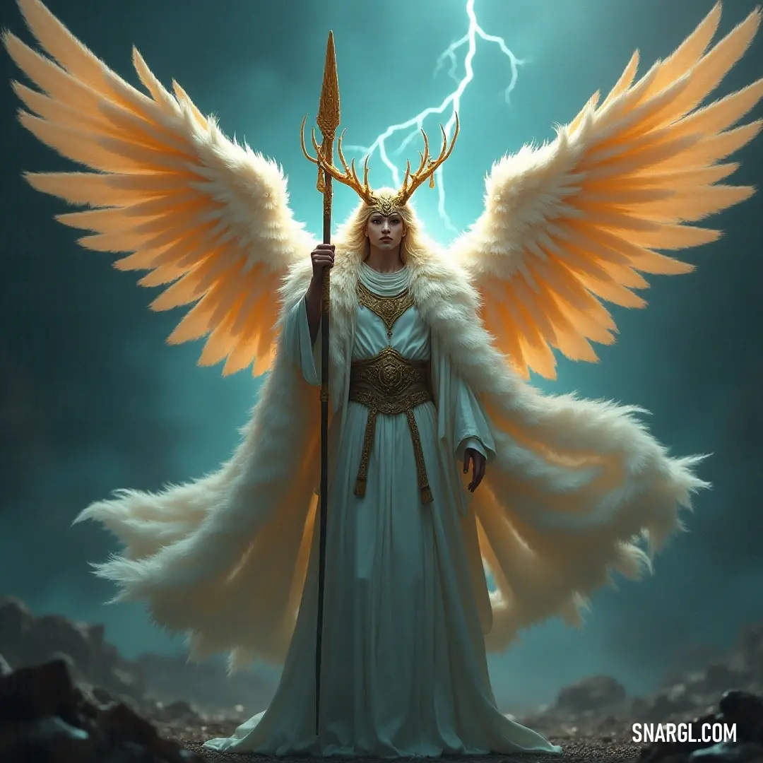 A formidable figure of Enoch with a horned head and outstretched wings confronts the storm, wielding a staff amidst a dramatic sky. Enoch stands valiantly with a horned head and a staff, as dark clouds swirl around him, his wings unfurled like a guardian ready to face the tempest.