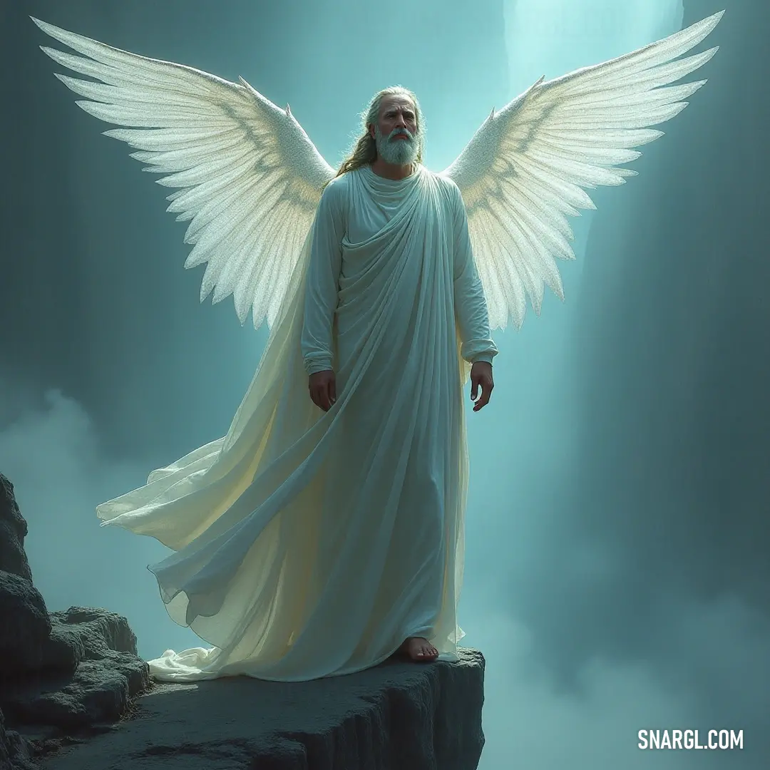 Enoch with bright wings stands on a cliff, lost in thought, hands resting in pockets, embracing the beauty of the vast landscape before him. A serene portrayal of Enoch with white wings, standing contemplatively on a cliff, hands in pockets, gazing out into the horizon as the wind gently blows.