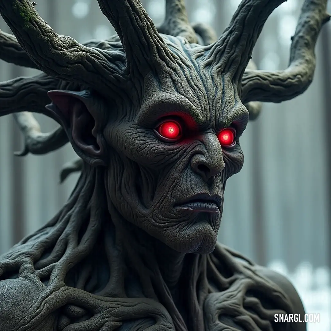 An extraordinary Ent stands tall, boasting striking red eyes and a regal stance, harmonizing with the verdant surroundings, ready to share the saga of his woodland realm. A close-up view reveals an Ent with piercing red eyes and well-defined horns, set against a backdrop of a mystical forest. His gaze captivates, inviting adventurers to explore the depths of his ancient woodland home filled with mystery.