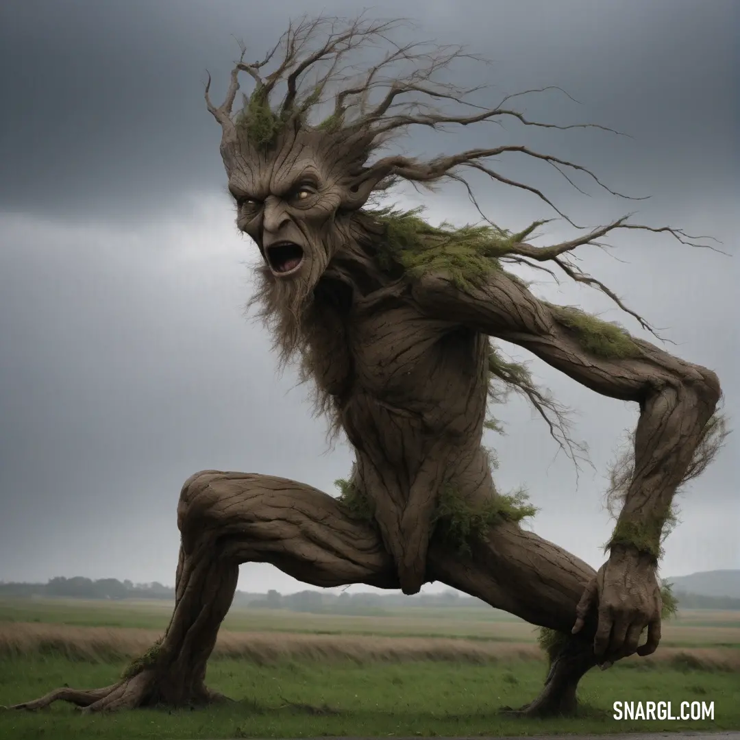 Ent with a long tail and a face is running in a field with grass and a cloudy sky