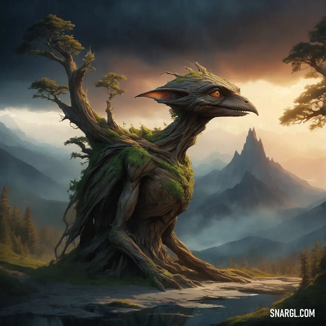 Painting of a Ent with a tree trunk on its back and a mountain in the background with a river running through it