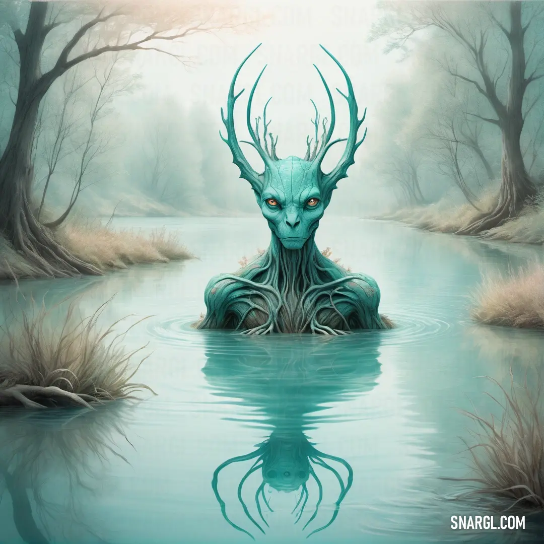 Painting of a green Ent floating in a lake with trees in the background and a foggy sky