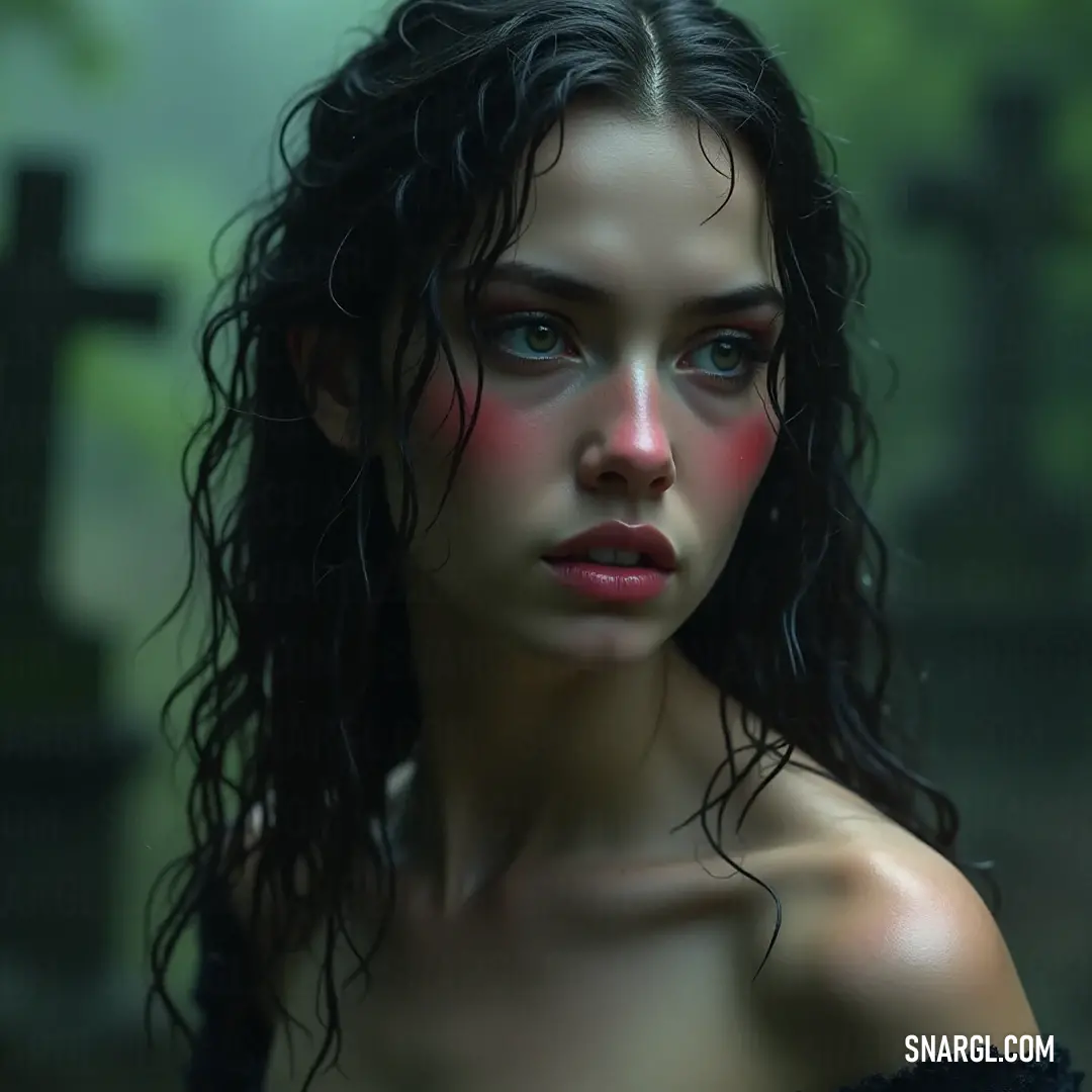 A woman with damp hair and piercing blue eyes stands in a cemetery, striking a pose with a cross looming in the background, creating a haunting yet beautiful juxtaposition of life and mortality.