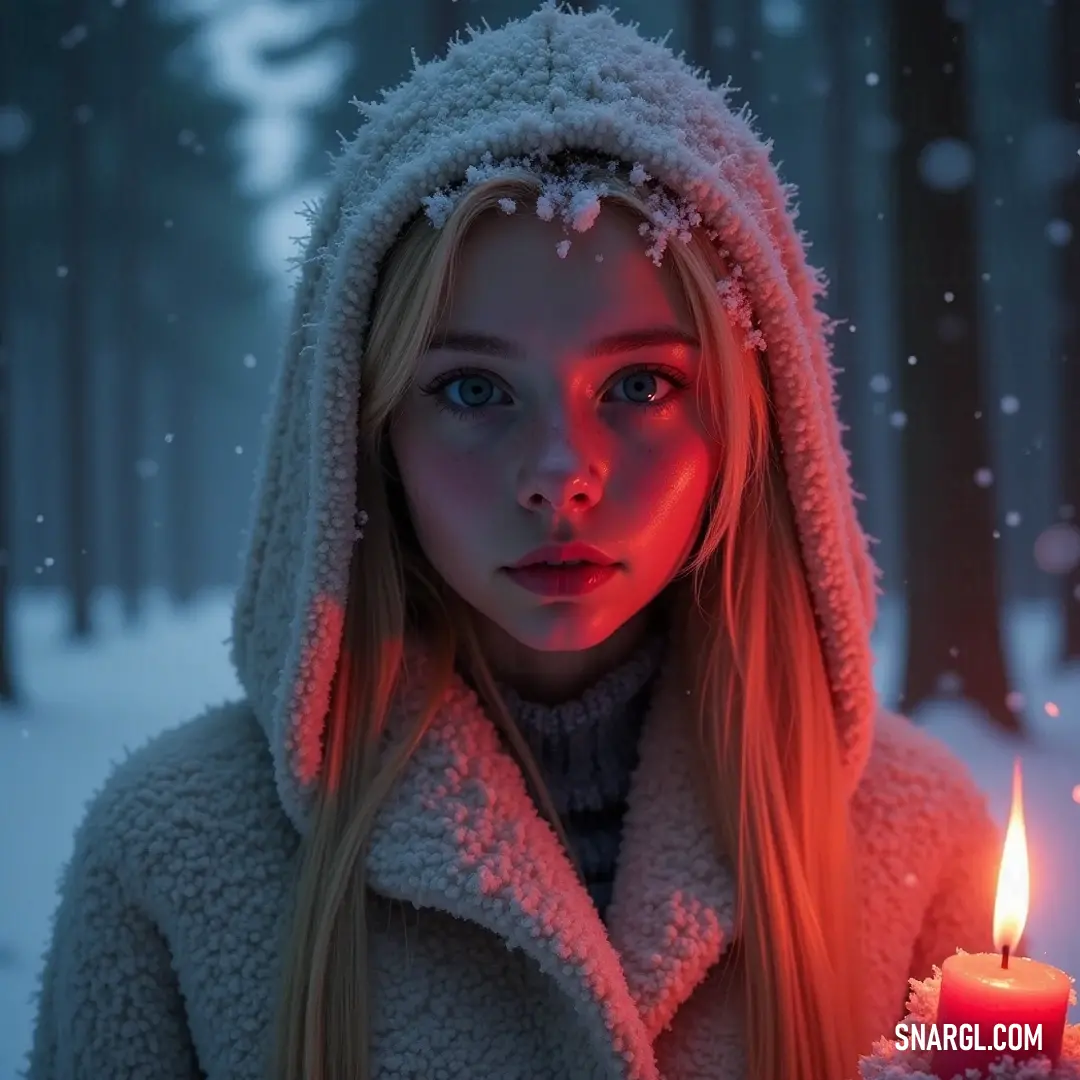 In a snowy landscape illuminated by a soft red light, a cloaked figure holds a flickering candle, illuminating her serene expression and providing warmth amidst the chilly, quiet beauty of the wintry scene.