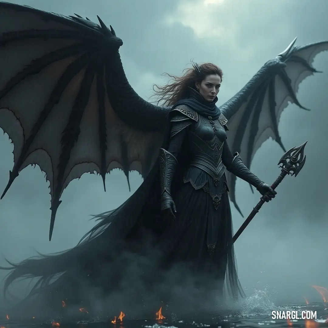 Eowyn with a sword and wings standing in water with a dragon-like reflection behind her. Eowyn, holding a sword and adorned with wings, stands in tranquil waters, as the reflection of a dragon-like figure ripples through the water’s surface, blending reality with fantasy.