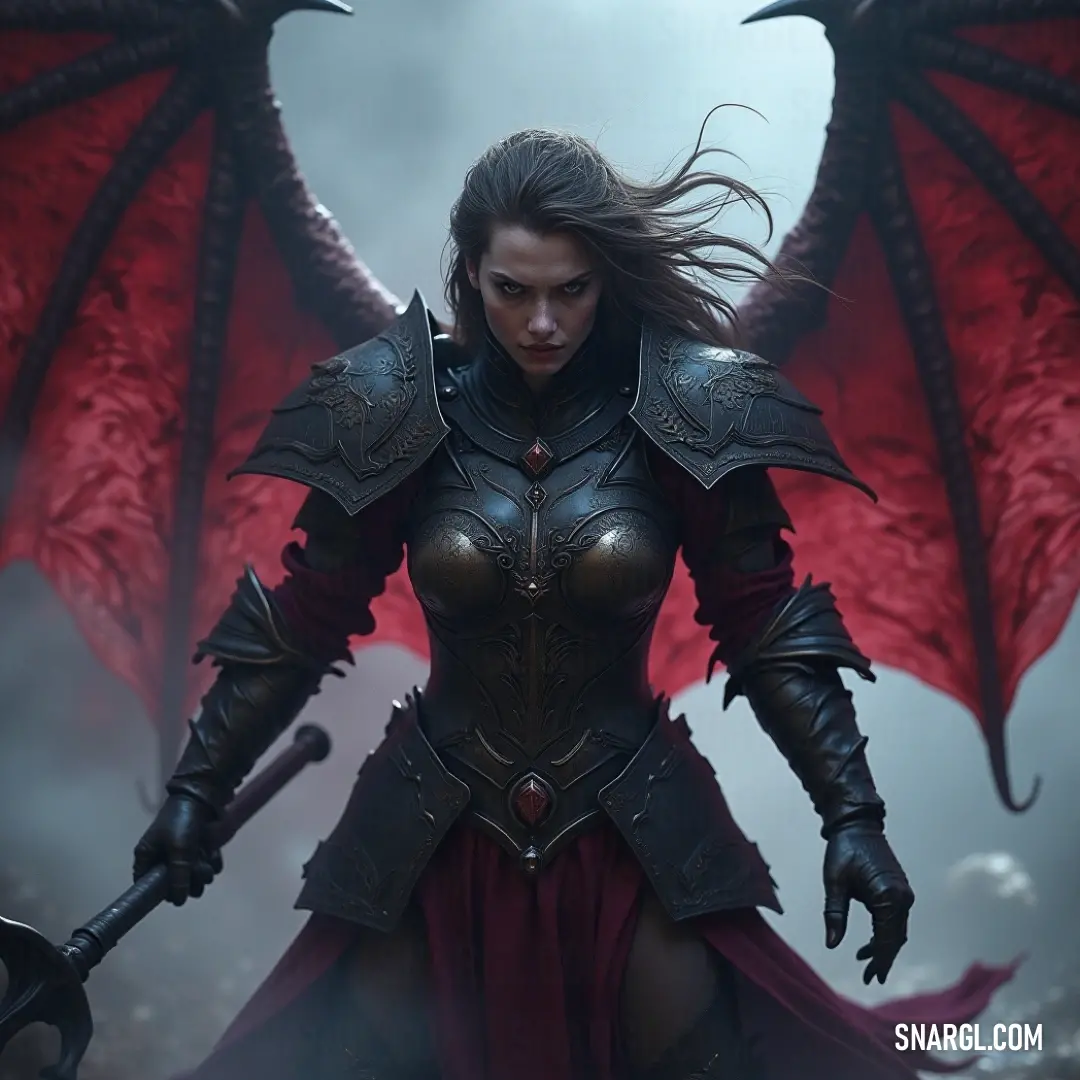 Eowyn with red dragon wings on her shoulders. Eowyn, with striking red dragon wings on her shoulders, exudes a powerful aura. The wings, vibrant and full of life, add an element of majesty to her determined stance.