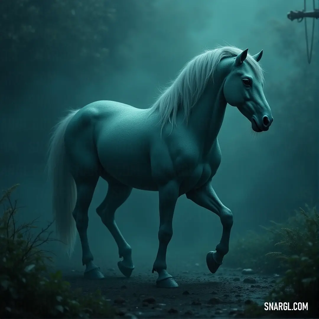 Epona, the white horse, moves gracefully through the dense forest at night, her white coat glowing in the soft moonlight as the dark woods stand silent around her. A beautiful white horse, Epona, walks silently through a shadowy, dark forest at night. The trees seem to close in around her, and the only light comes from the soft moonlight filtering through the canopy above.