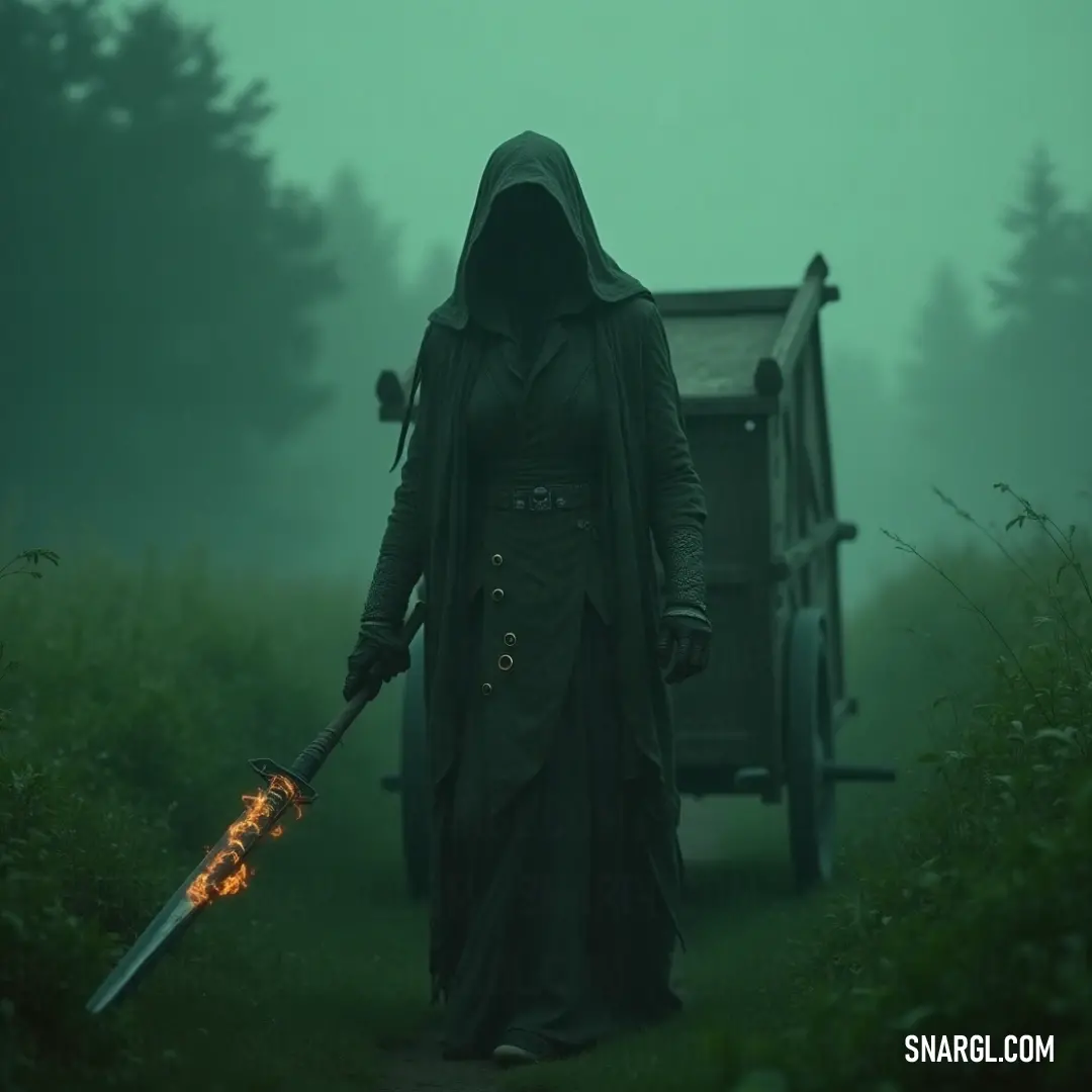 The Epworth Rectory Poltergeist standing guard with a sword, surrounded by shadows and a faint cart silhouette in the background, adding an air of mystery. A poltergeist cloaked in a hooded outfit brandishes a sword, stationed against a backdrop of swirling shadows and a cart that hints at untold stories from a bygone era.