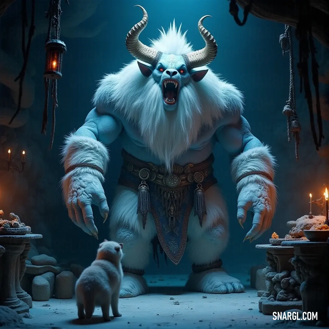 The wise and gentle Erda, her glowing head casting light, stands in a mystical room filled with candles, accompanied by a faithful dog. A serene, majestic Erda, with her brilliant white form, stands beside a loyal dog in a dimly lit room adorned with flickering candles, while a radiant light emanates from her head, casting an ethereal glow.