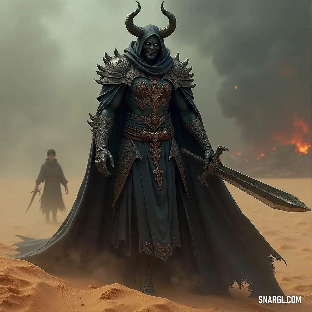 A figure in black armor stands in the desert, holding a sword and wearing a horned headpiece, gazing into the endless sky. A fierce figure dressed in black stands tall in the midst of a vast desert. With a sword in hand and a horned helmet, he faces the sky, exuding strength and defiance under the harsh desert sun.