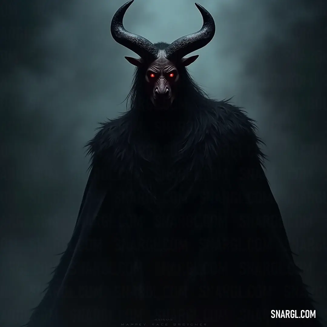 Erebus, adorned with menacing horns and a flowing black cloak, features glowing red eyes that pierce through the darkness of a shadowy cave full of rocks and water.