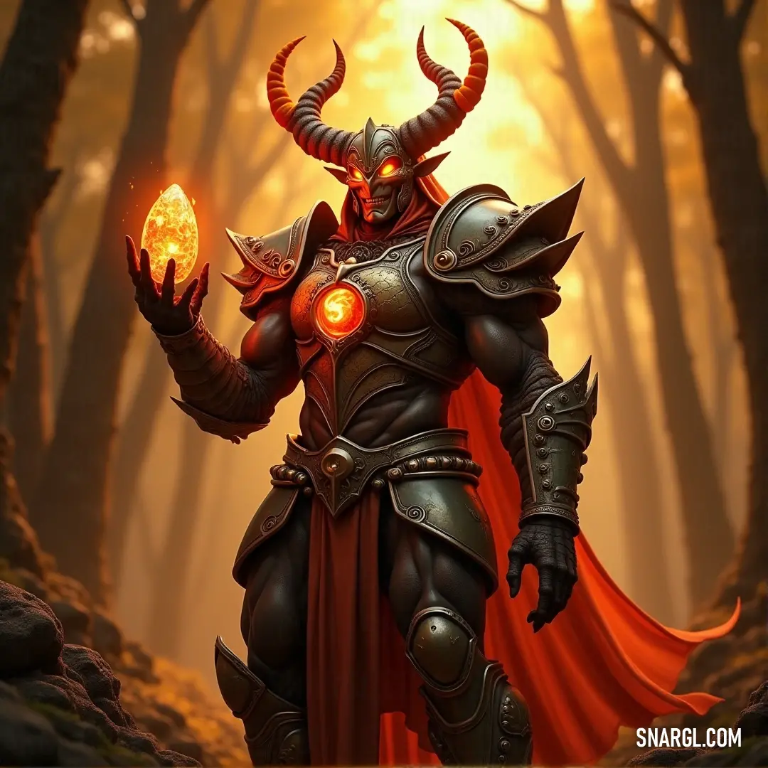 A horned figure in a forest, holding a glowing orb amidst trees and rocks, radiating an aura of mystery. A mysterious figure dressed in an elaborate horned costume, holding a glowing orb. Surrounded by dense trees and rocky terrain, the scene exudes an eerie, magical atmosphere, as if this being is a guardian of the forest's ancient secrets.