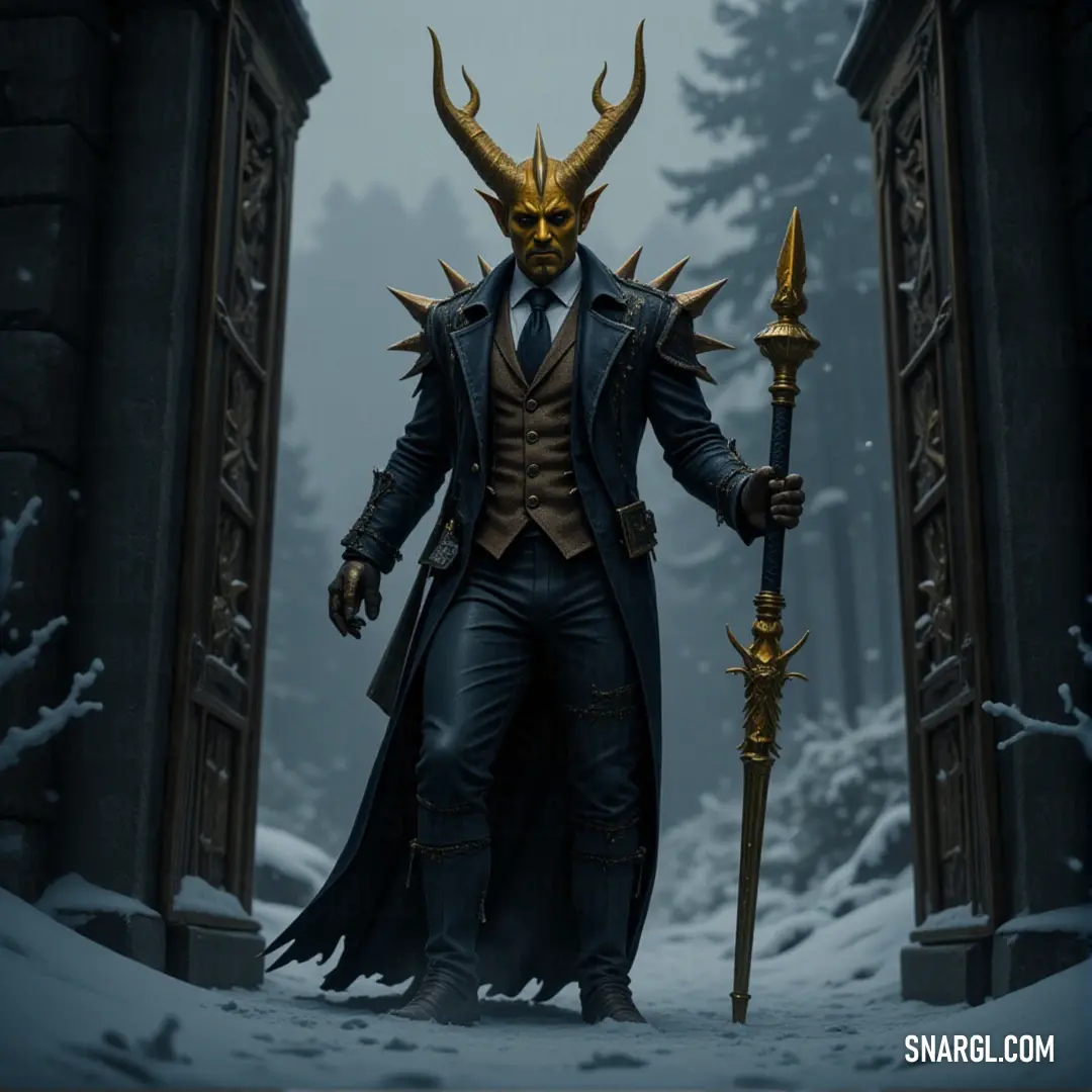 Erebus, with a horned head and sword, stands in a snowy landscape with a dark doorway leading into an unknown realm, exuding an air of mystery and power. Erebus, a horned demon with a fierce expression, holds a sword as he stands in a snowy area, a mysterious doorway in the background. The cold, icy surroundings contrast sharply with his powerful, fiery presence.