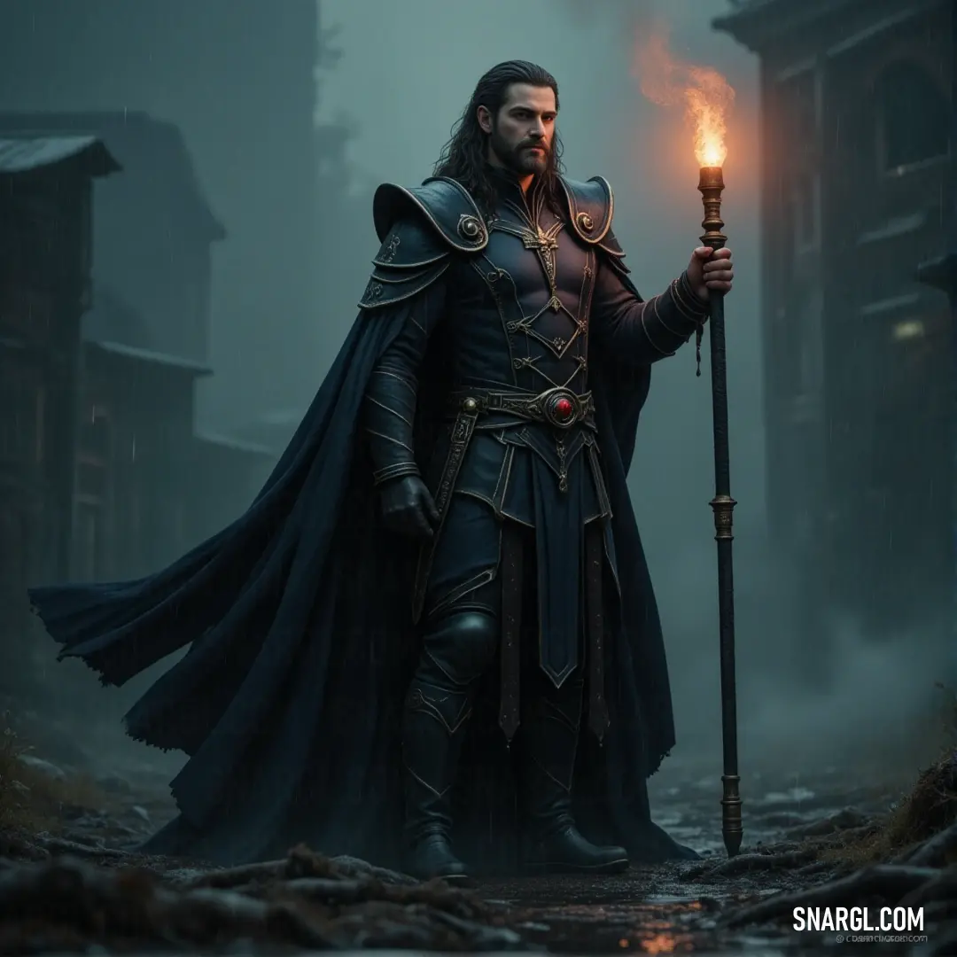 A medieval figure named Erebus, holding a torch and staff, steps through a foggy street, enveloped in mystery and ancient power. Erebus, draped in a dark medieval robe, holds a flickering torch and a staff, standing in a fog-filled alley. The fog rolls through the buildings in the distance, creating a mysterious atmosphere as he ventures deeper into the unknown.