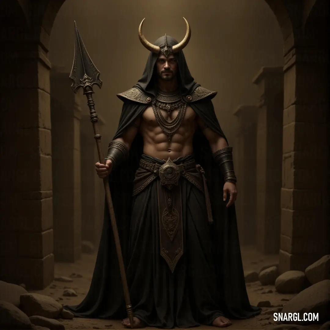 Ereshkigal, wearing a horned headdress and dark robes, holds a staff with authority, exuding an aura of control over destiny and the unknown. Ereshkigal, draped in dark attire with horns atop her head, wields a staff with an air of command. Her gaze is intense, as though she commands the forces of fate itself.