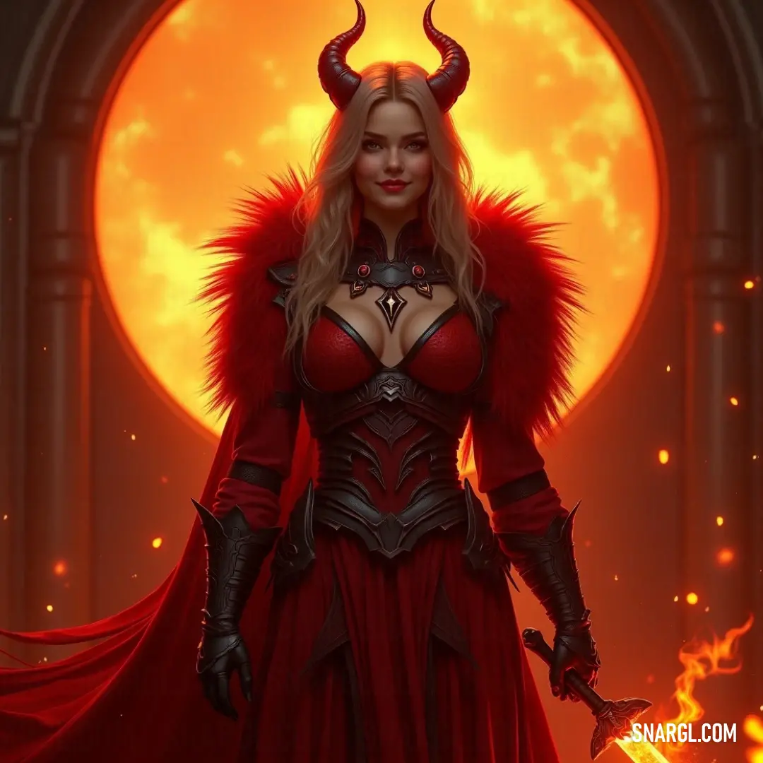 Erika stands defiantly in her bold red attire, a sword poised at her side, with the sun illuminating her form and evoking an aura of power intertwined with the darkness of her character. Draped in a striking red outfit, Erika wields her sword confidently against the glowing sun, with her demonic attire casting shadows that reflect a fierce strength and an aura of mystery.