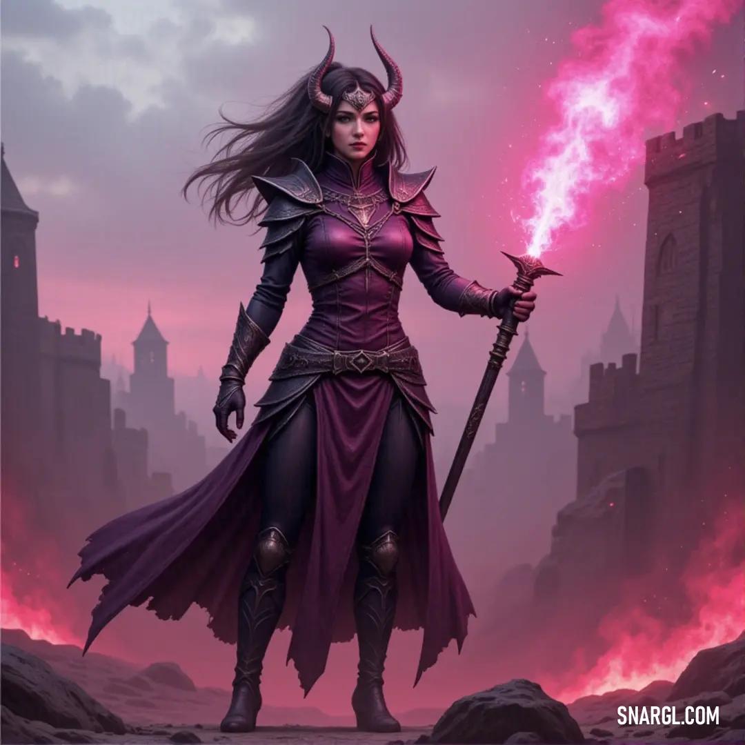 A figure in purple holds a pink flame and a sword, standing before a majestic castle with an air of magic and power. A fierce figure in a purple outfit holds a pink flame in one hand, a sword in the other, standing in front of a grand castle. The fiery glow contrasts with the stone walls, giving the scene a magical and otherworldly feel.