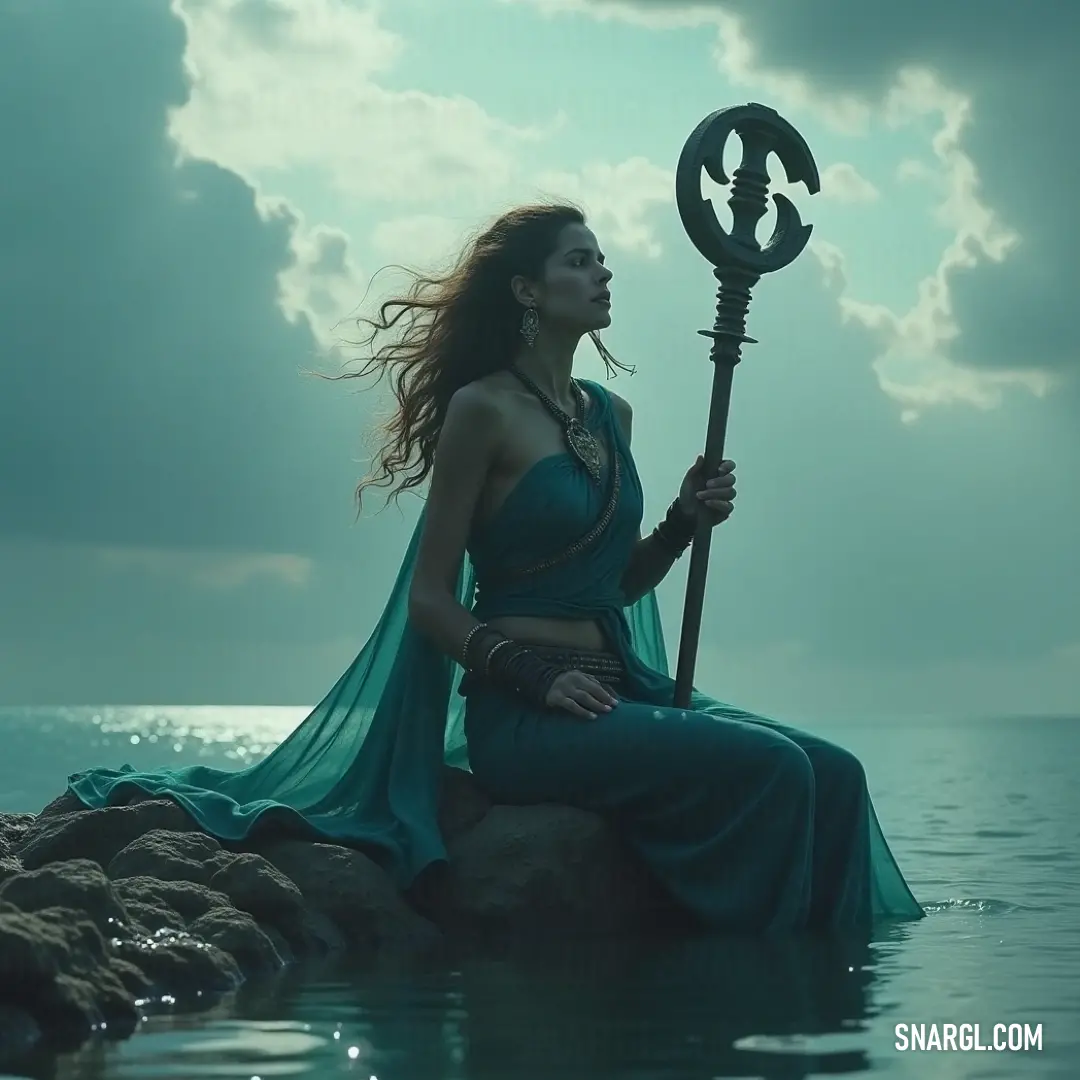 A mesmerizing figure adorned in a blue dress, commanding the landscape with a staff, set against a backdrop of calm waters and a cloudy sky. A captivating scene of a majestic figure in a flowing blue dress, standing atop a rugged rock in tranquil waters, holding a powerful staff, with an ethereal cloudy sky illuminating the serene atmosphere around her.