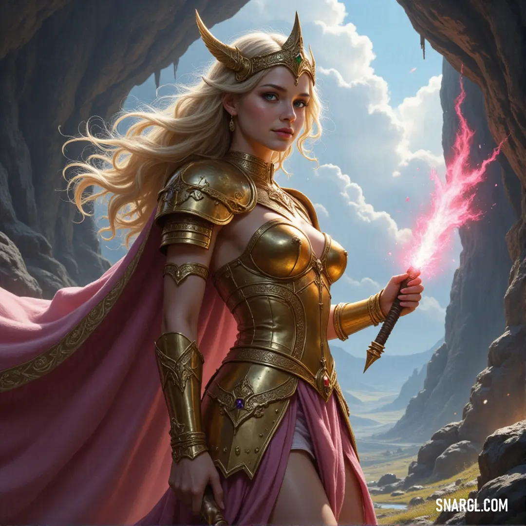 Erla holding a sword in a cave, with the vast sky looming beyond her. Erla, standing in the heart of a cave, grips a sword tightly, her silhouette framed by the shifting sky outside. The scene evokes both mystery and strength as the battle of light and shadow unfolds.