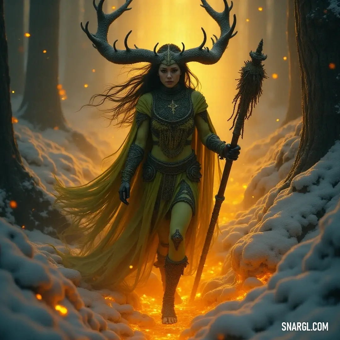 Erythrea, adorned with horns and an intricately designed headpiece, holds a staff in the midst of a snowy forest illuminated by flickering firelight. The winter landscape surrounds her, creating a striking contrast to her dynamic presence.