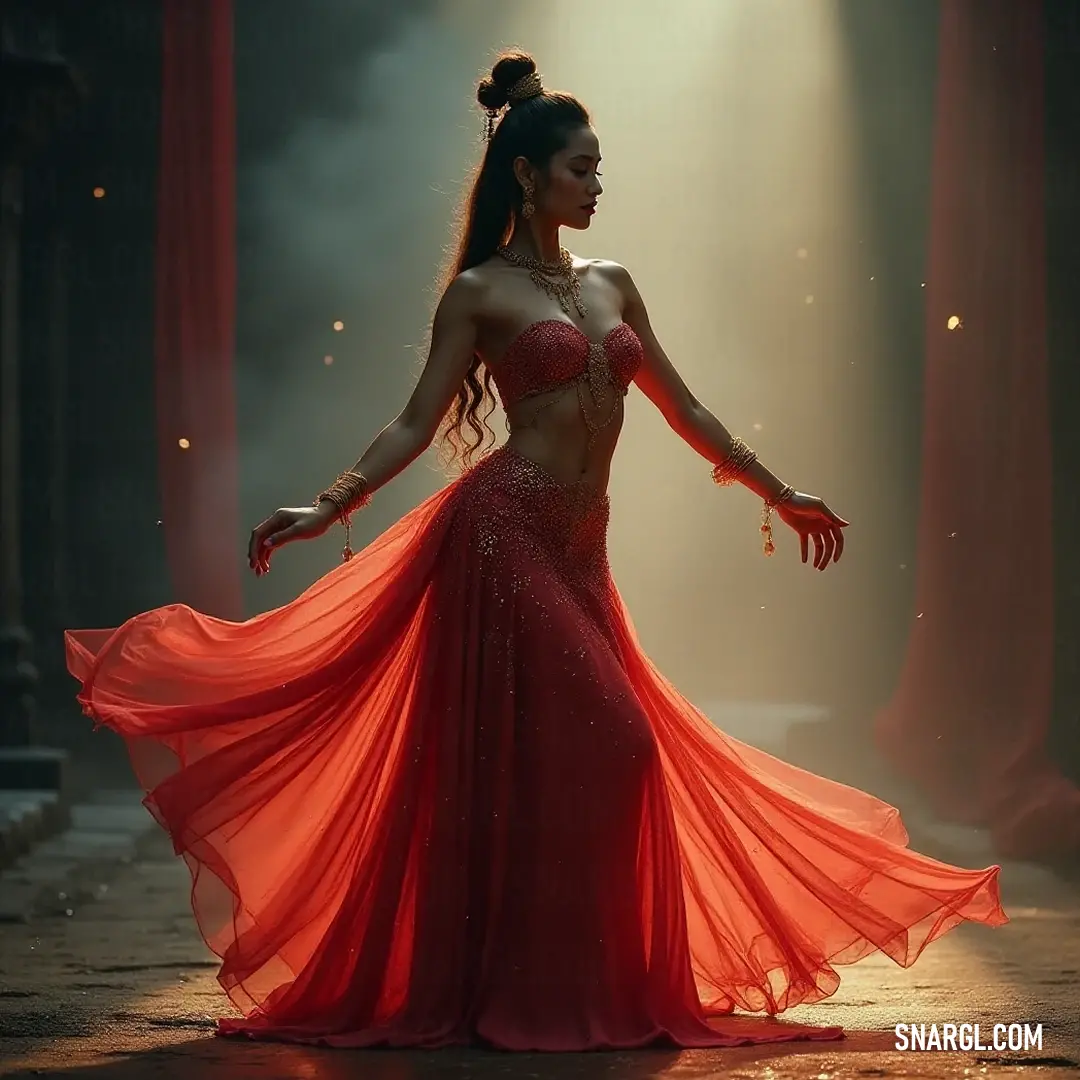 Caught in a moment of pure joy, a woman in a striking red dress twirls gracefully in the dark, illuminated by a soft spotlight that emphasizes her fluid movements and creates an unforgettable atmosphere. In a breathtaking moment, a woman in a vibrant red dress dances gracefully in the darkness, highlighted by a gentle beam of light that brings her elegant movements and expressive features to life.