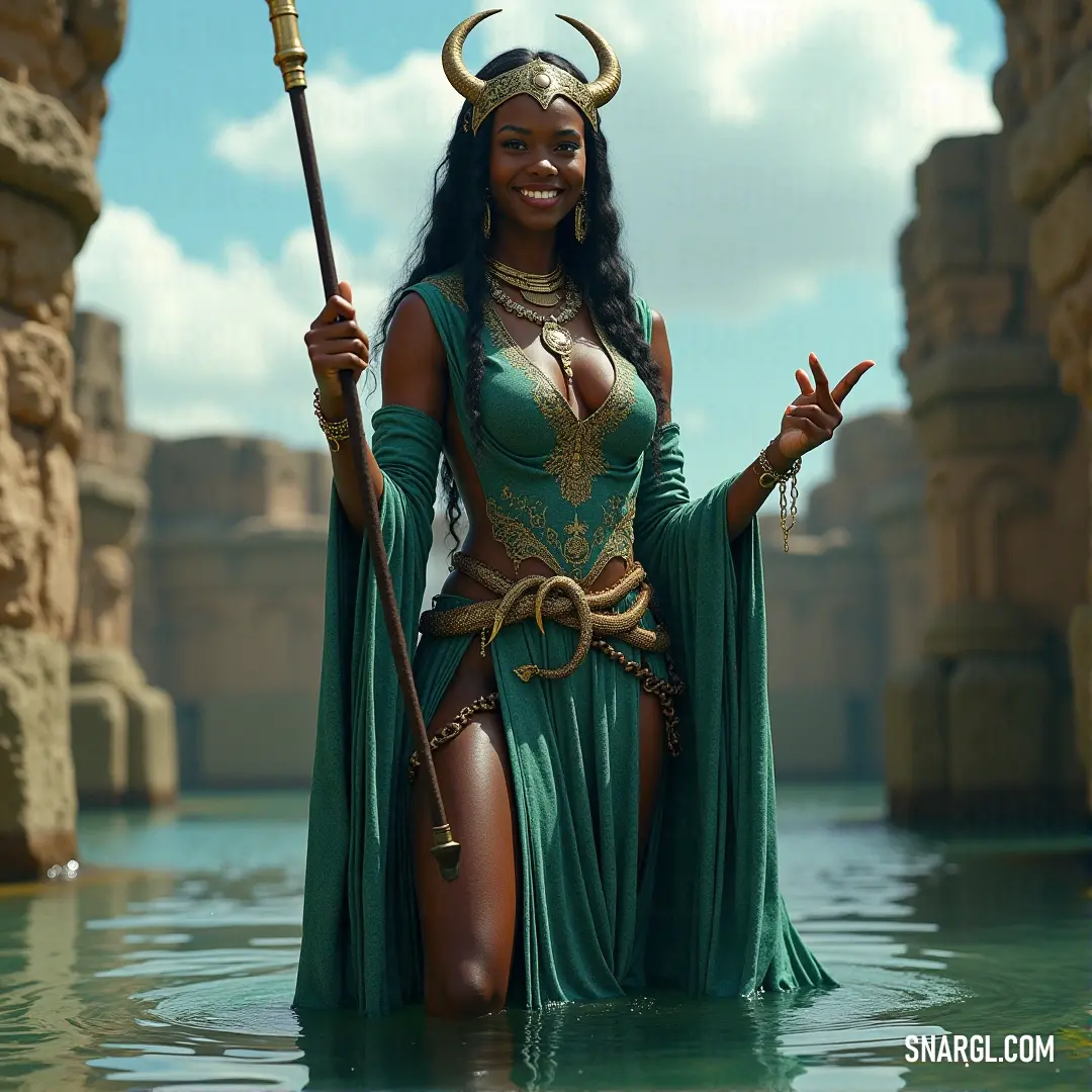 Esi in a flowing green costume with a staff, standing in water with a sky backdrop. The serene environment enhances her calm and commanding presence. Esi stands gracefully in a green costume, holding a staff while surrounded by water, her reflection mirrored on the calm surface. The sky above creates a peaceful backdrop, adding an ethereal feel to the scene.