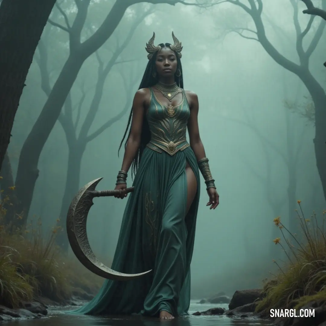 Esi in a striking green dress, holding a horned head and horn in a forest near a stream, blending strength and serenity with the natural world around her. Esi stands in a vibrant green dress, holding an imposing horned head and a large horn. Surrounded by the wilderness, with a flowing stream at her feet, the scene merges the powerful and the peaceful in a beautifully wild landscape.