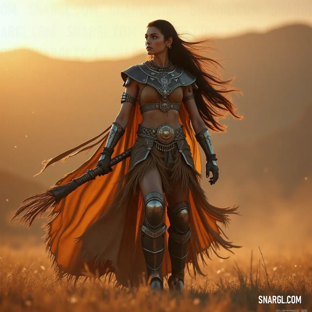 An enchanting figure in a captivating costume walks gracefully through a lush field, sword in hand, adorned with a magnificent headpiece that tells tales of forgotten legends amidst nature's splendor. A mystical character clad in an intricately designed costume strolls through a sun-kissed field, holding a shimmering sword and wearing a grand headpiece that catches the gentle breeze, surrounded by vibrant wildflowers.