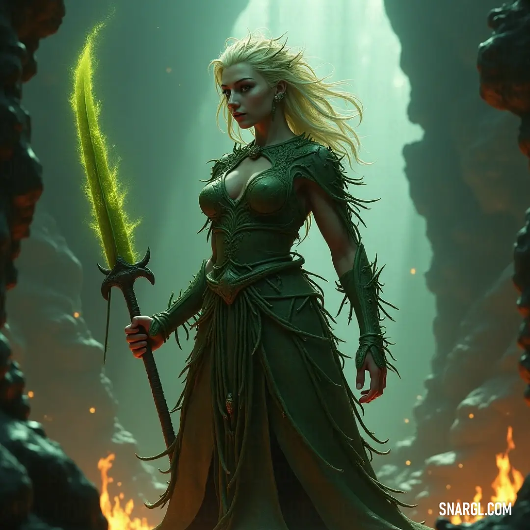 Clad in a radiant green gown, the figure stands boldly in a fire-lit cave, wielding a sword that reflects her fearless spirit, while the cavern's atmosphere adds depth and mystery to her presence. In a dramatic cave lit by flickering flames, a powerful figure dons an emerald dress, confidently holding a sword. The dynamic interplay of light and shadow enhances the intensity of this breathtaking moment.