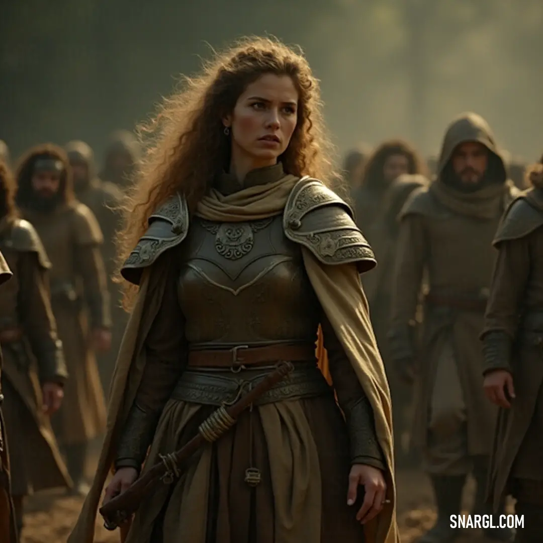 Esmeralda Brandybuck elegantly adorned in a brown dress, accompanied by a man in matching garb, vibrant with camaraderie in a serene outdoor scene. Esmeralda Brandybuck, grace personified in a flowing brown dress, stands beside a companion dressed in similarly-themed attire, sharing a moment of joy.