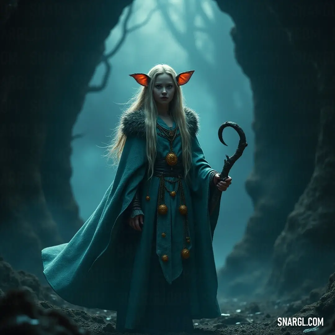 In a captivating green ensemble, Esmeralda Brandybuck commands attention while holding her staff in a dark forest, the playful demon adding allure to the scene. Esmeralda Brandybuck, cloaked in a green dress, stands boldly with a staff in a shadowy forest, a mischievous demon playfully perched atop her head.
