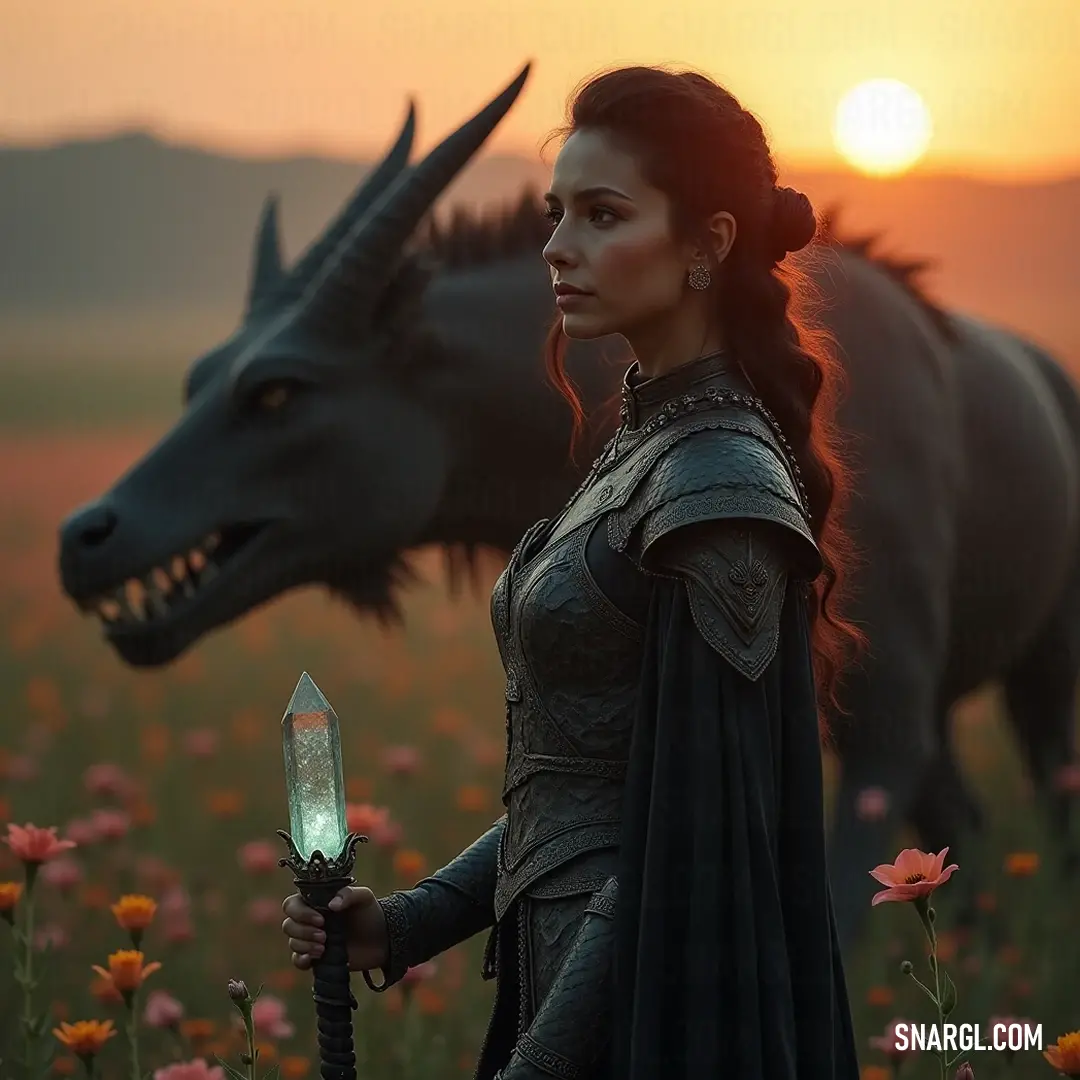 A heroic figure stands amidst a breathtaking field of flowers at sunset, adorned in a detailed costume with a sword in one hand and a horned creature beside her, all under the watchful eye of a formidable dragon.