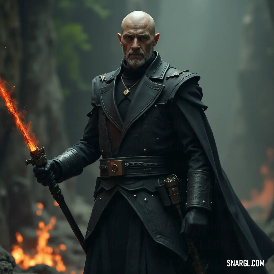 A striking scene of a determined figure in dark attire, wielding a sword and holding a glowing flame, stands confidently in a shadowy forest filled with majestic trees, exuding an air of mystery.