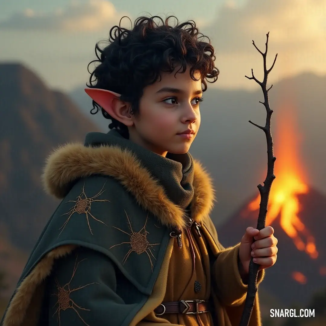 A lively portrayal of a young explorer dressed in costume, standing boldly before a smoldering volcano, stick in hand, ready for thrilling adventures against a breathtaking sky backdrop. A young adventurer, dressed in a vibrant costume, stands confidently in front of a volcano, clutching a stick as a makeshift sword, with a backdrop of an expansive sky, conveying the thrill of exploration.