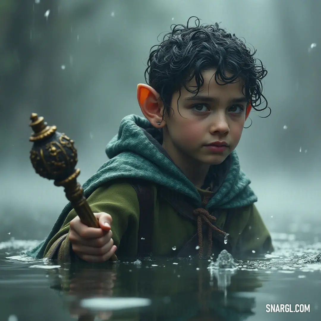 A young girl adeptly handles a paddle amidst a rainy riverscape, wearing a hood that adds a layer of charm to this outdoor scene, emphasizing her connection to nature and the elements.