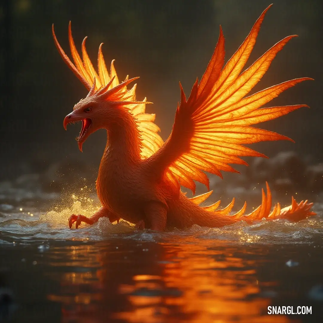 Eternal Ember with glowing orange wings stands in the tranquil water, its vibrant body lighting up the surroundings like a beacon. Eternal Ember stands gracefully in the water, its wings stretched outward and its body glowing with an intense orange light, creating a mesmerizing contrast against the cool water and soft reflections.