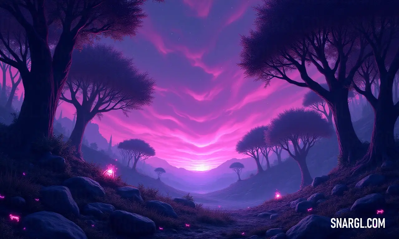 A mesmerizing depiction of a purple twilight sky, framed by trees and rocky silhouettes, inviting stillness and reflection on nature's captivating artistry. A vibrant painting portraying a twilight sky awash in shades of purple, with silhouetted trees and jagged rocks in the foreground, inviting viewers into a tranquil realm that encapsulates the serene beauty of nature's poignant moments.