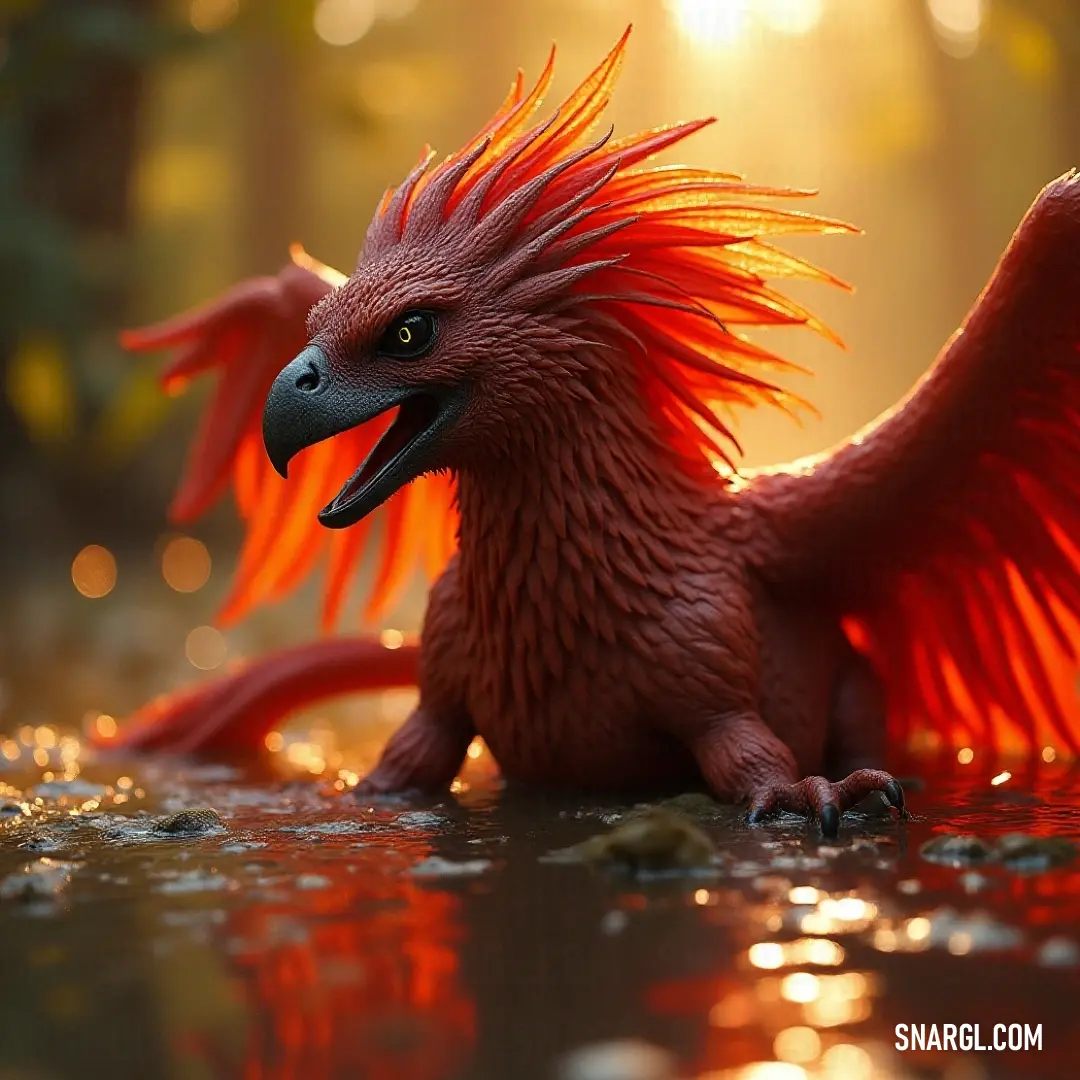 A stunning Red Eternal Ember flaunts its vibrant orange feathers, wings spread wide, creating a captivating display of color and elegance in its environment. A vivid Red Eternal Ember, adorned with striking orange feathers, showcases its majestic wings unfurled, resembling a fiery burst in mid-flight against a captivating backdrop of nature.