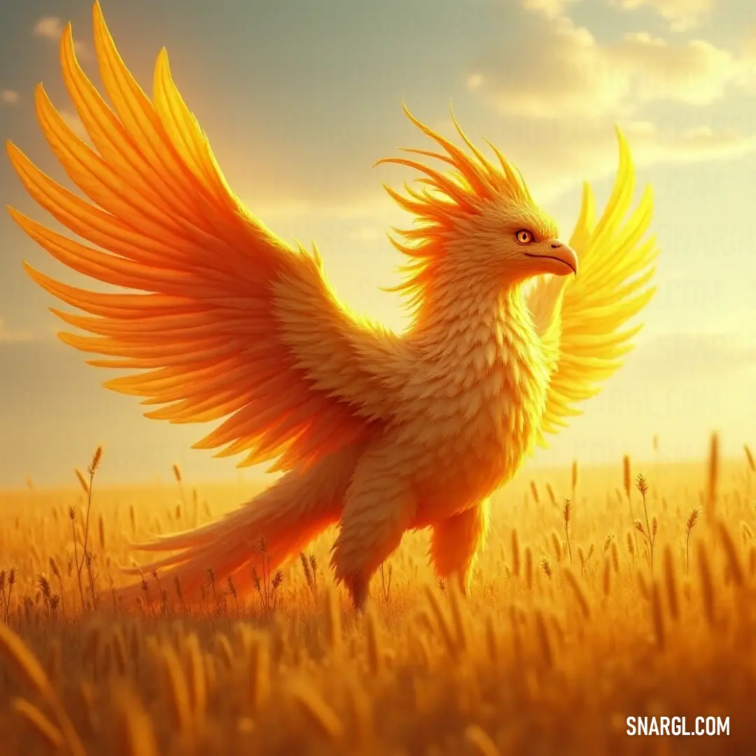 An Eternal Flame Phoenix with radiant yellow wings stands in a vibrant field, the sun casting a warm glow as it embodies the balance of strength, grace, and serenity. An Eternal Flame Phoenix with bright yellow wings stands gracefully in a lush field of grass, the sun shining brightly in the background. Its majestic wings and regal posture create a sense of peace and awe, embodying strength and beauty.