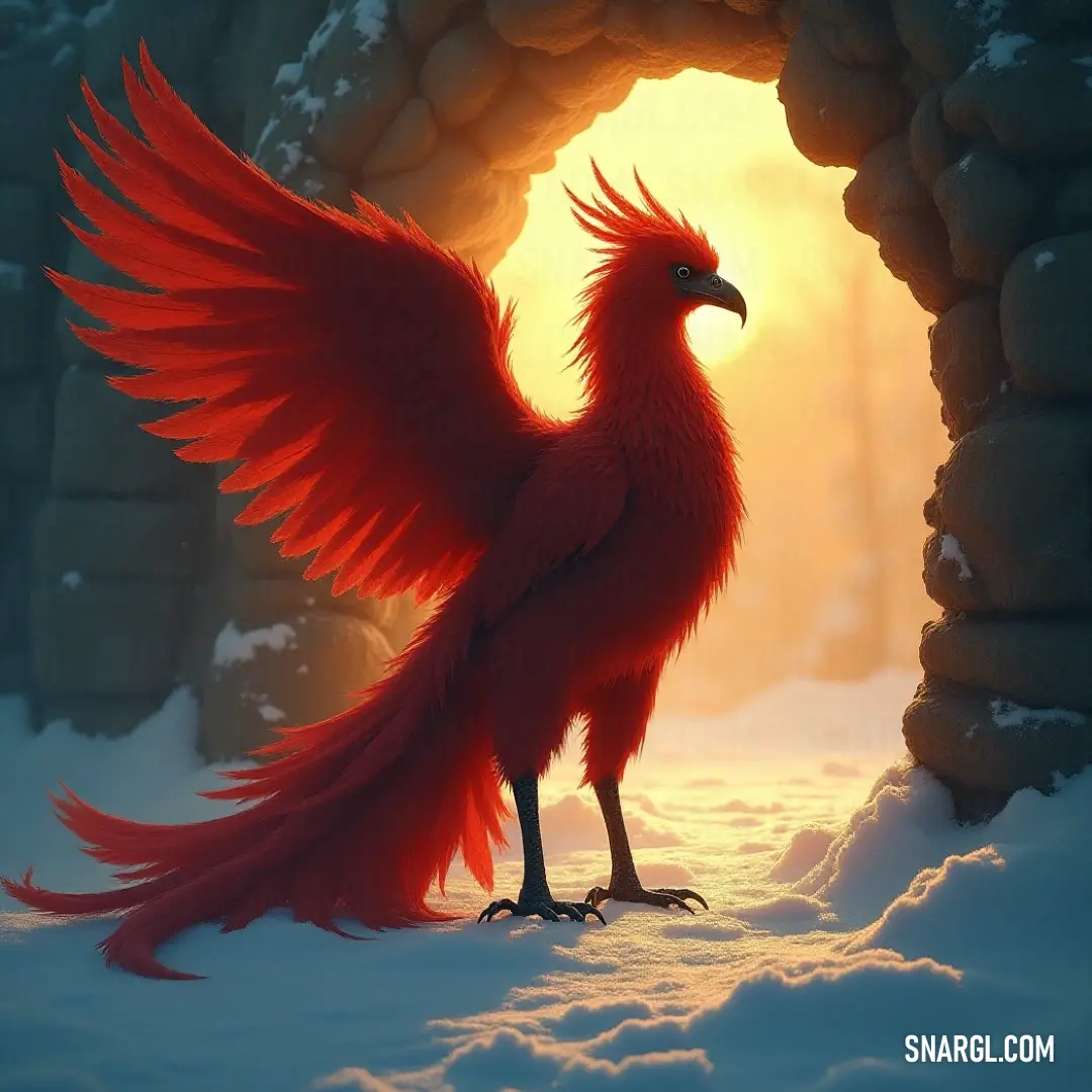 A majestic Red Eternal Flame Phoenix, poised elegantly with its wings fully spread, stands outside a snowy tunnel, basking in the warm sunlight that filters through the icy landscape, creating a magical atmosphere.