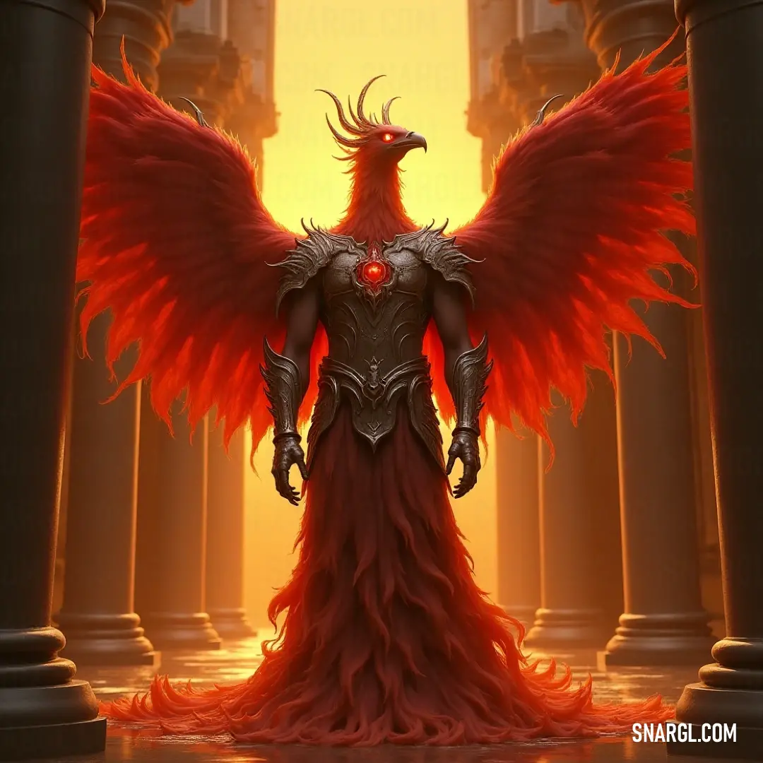The Red Eternal Flame Phoenix rises from the ashes, its fiery feathers and intense red eyes lighting the way for renewal and hope, a symbol of eternal strength. A Red Eternal Flame Phoenix with fiery eyes and wings adorned with red feathers rises majestically from the ashes, its red dress flowing and flames flickering in its wake, symbolizing strength and rebirth.