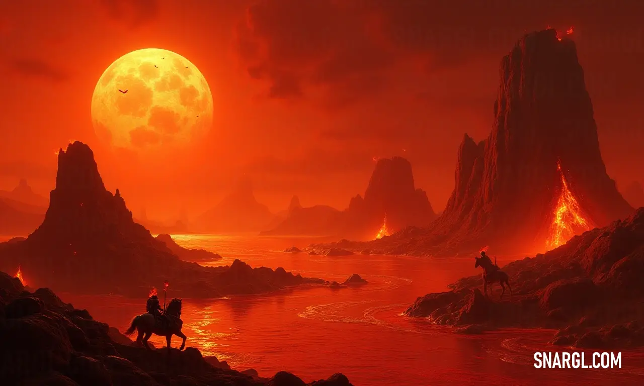 Two riders journey across a tranquil river, enveloped in a mesmerizing red sky highlighted by a luminous full moon, conveying a sense of peace and connection to the natural world as day transitions to night. A duo of riders gracefully crosses a shimmering river, framed by a breathtaking red sky and a radiant full moon, evoking a sense of tranquility and the unity of nature during a magical twilight.