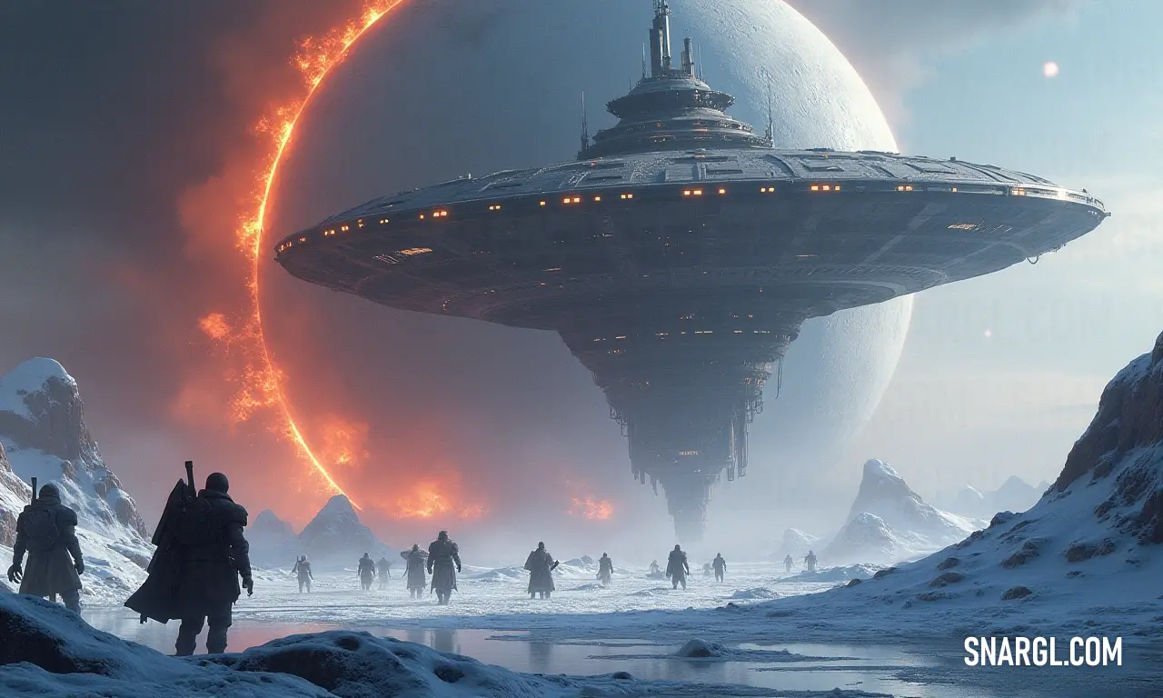 A group of adventurers gathered in a wintry landscape, staring in awe at the colossal Eternal Flame ship, which towers over the snow-swept ground, radiating warmth and mystery in the frigid air.