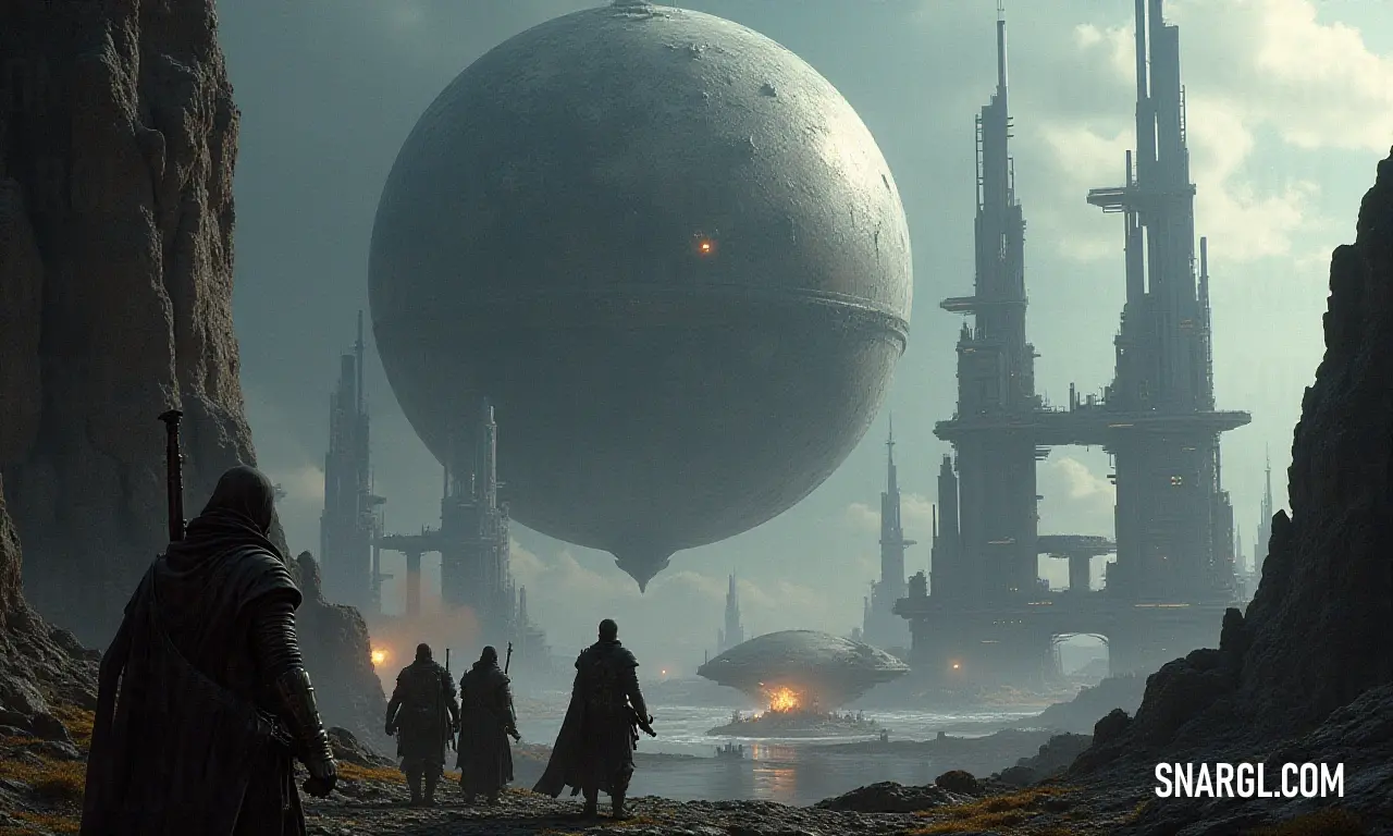 In a stunning rocky locale, a united group marvels at a gigantic mysterious structure that evokes intrigue and curiosity amid the breathtaking beauty of nature's raw splendor. A diverse group of individuals stands together in a rugged terrain, united in awe as they gaze up at a colossal object looming in the distance, surrounded by the wonder of an extraordinary landscape.