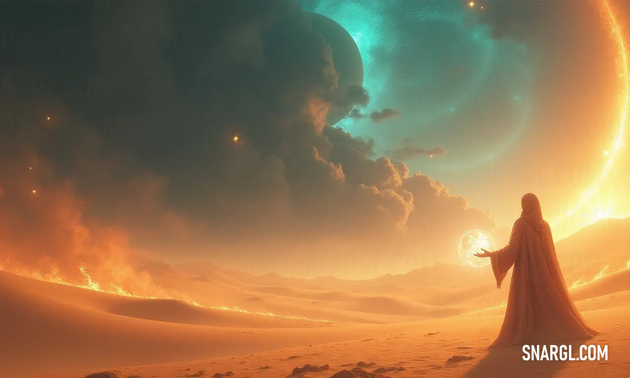 A graceful figure in a desert under a crescent moon, holding a shimmering orb of light. Beneath a delicate crescent moon, an elegant figure in a flowing long dress holds a shining ball against the dramatic backdrop of a vast desert, as the soft night air weaves enchantment into a scene of grace and ethereal beauty.
